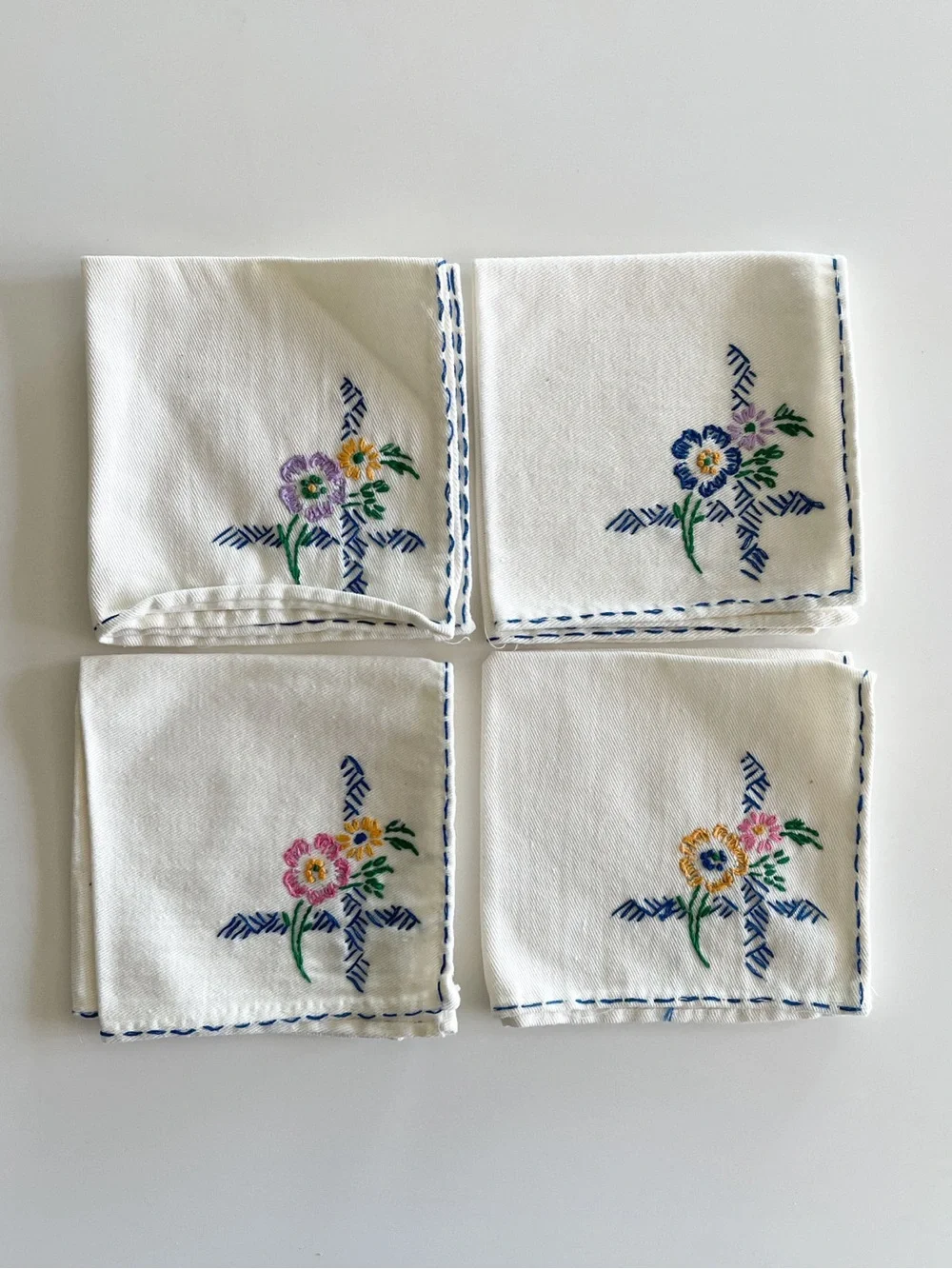 1940s Vintage Embroidered Floral Napkins Set of Four